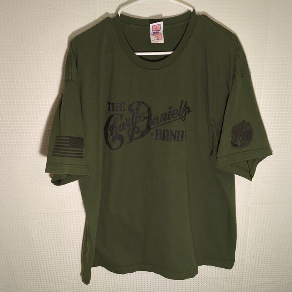 Charlie Daniels Band 2XL Army Green T-Shirt USA God Military Quote Bayside Tee - Picture 1 of 8